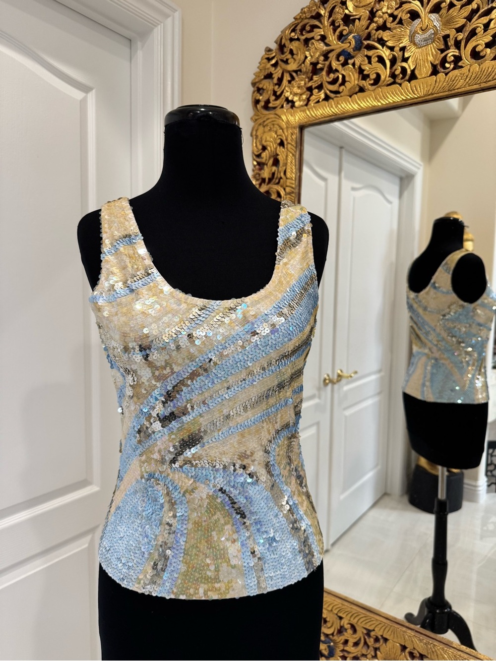 Sequined Scoop Neck Tank Top - Light Blue, silver metallic white. Stretch fit.
